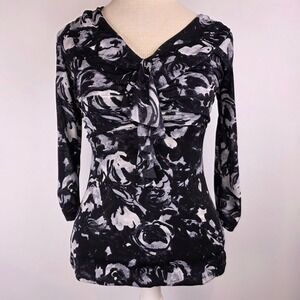 Semantiks Women's XS Black White Sheer Floral Ruffle V-Neck Long Sleeve Blouse